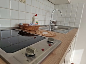 Een koelkast, een kookplaat, kookgerei, borden en bestek, eettafels