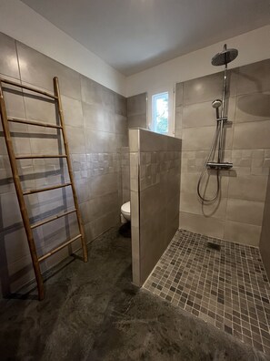 Shower, hair dryer, towels, toilet paper