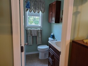 Shower, towels, soap, toilet paper