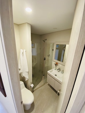 Hair dryer, towels, soap, toilet paper