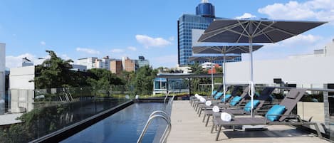 Outdoor pool, open 10:00 AM to 8:00 PM, pool umbrellas, sun loungers