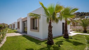 Eine moderne Villa mit weißer Fassade, großen Fenstern und einem gepflegten Rasen mit Palmen.