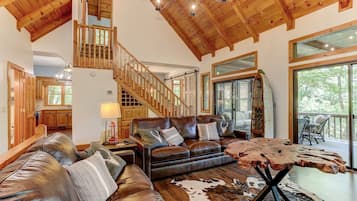 Televisio, takka, videopelejä, työhuone