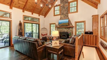 Televisio, takka, videopelejä, työhuone