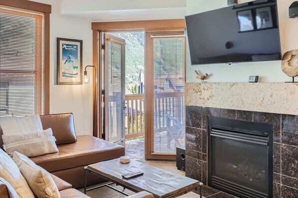 TV, fireplace, books, offices