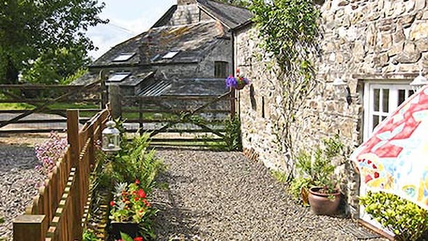 A stone house with a gravel driveway, a wooden fence, and a flower bed with red flowers.
