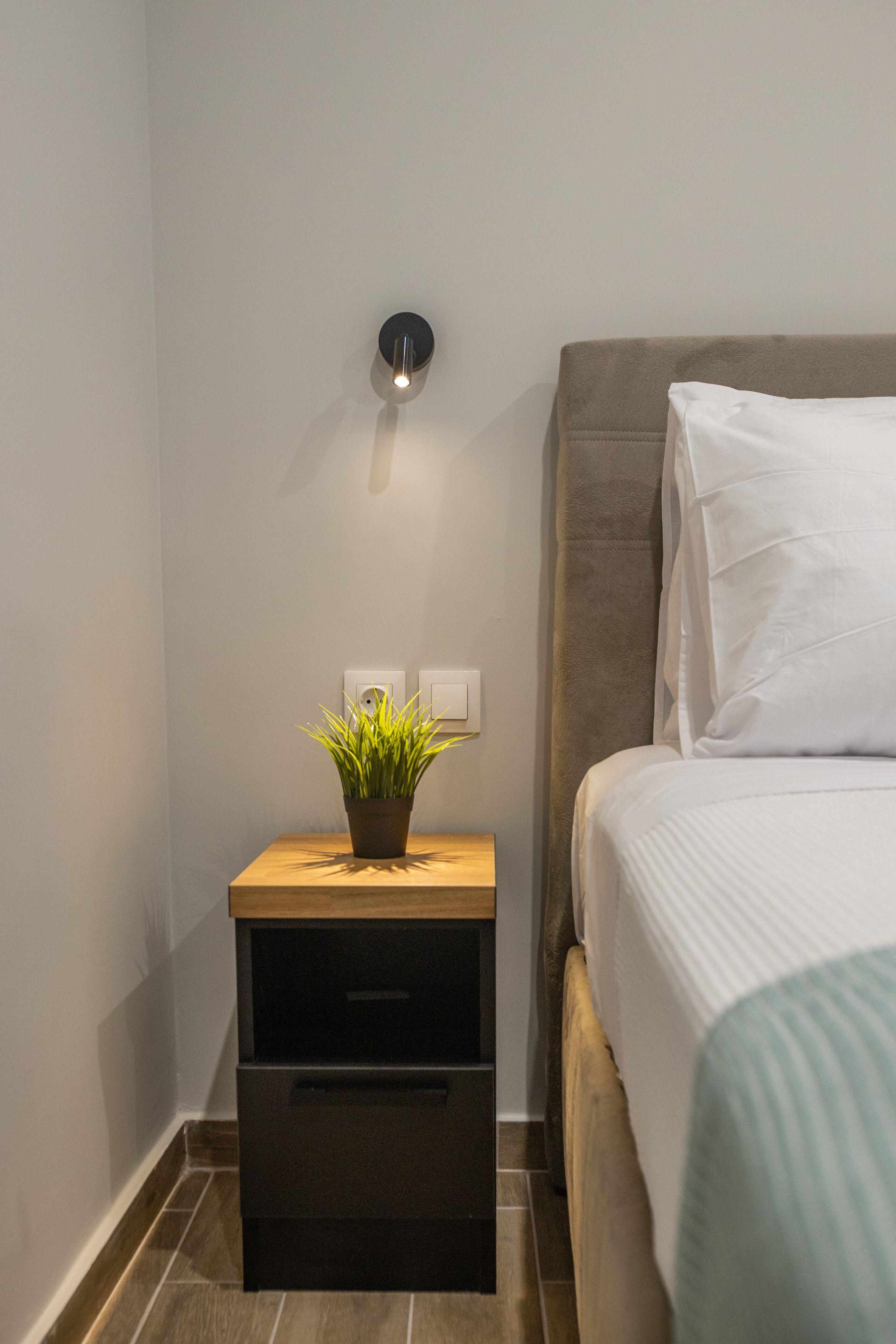 A bedroom with a bed, a bedside table with a plant, a wall-mounted light, and a nightstand with a drawer.