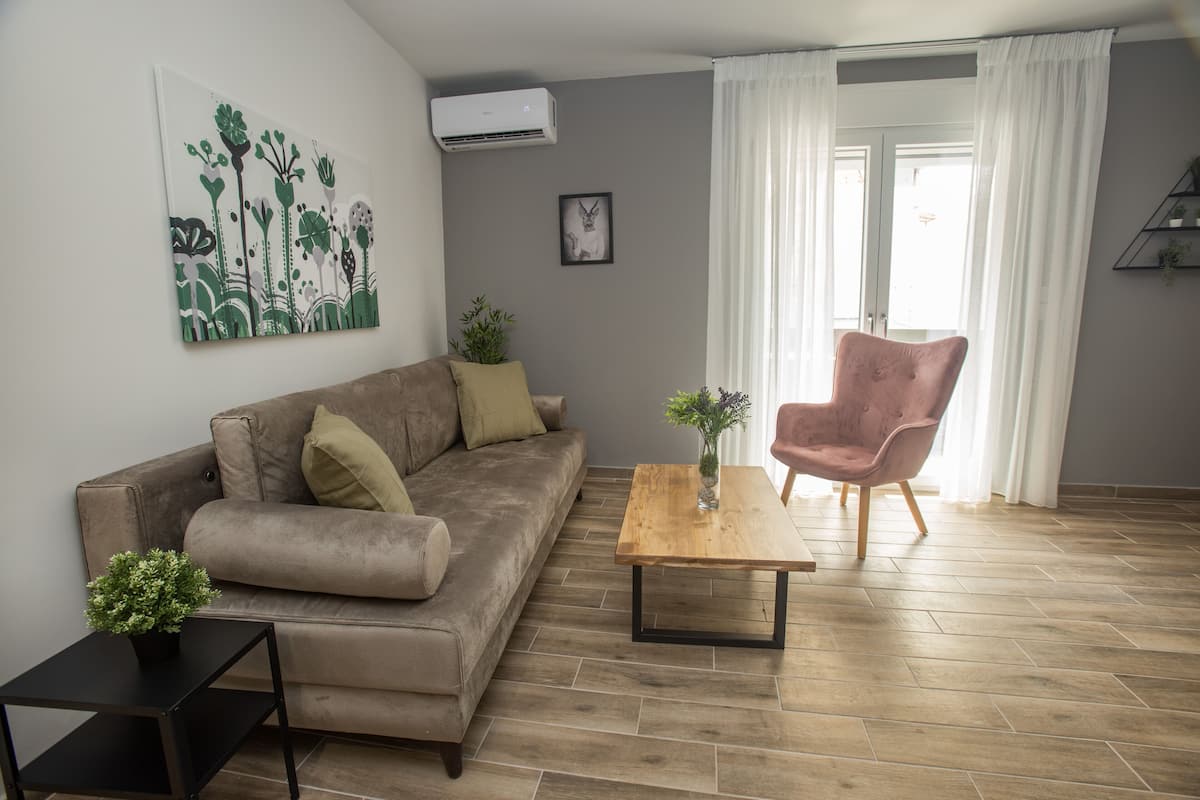 Un salon comprenant un canapé, une table basse, un fauteuil, une petite table avec une plante et un climatiseur fixé au mur.