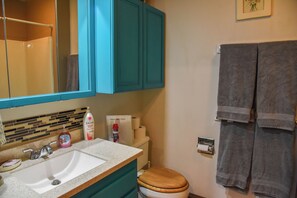 Hair dryer, towels, shampoo