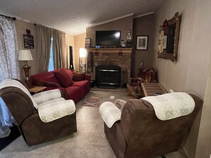 Smart TV, fireplace, DVD player, books