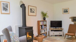 A living room with a fireplace, a bookshelf, a television, and a comfortable seating area. - 2 bedroom accommodation in Hartland (Hartland)
