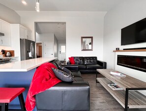 TV connectée, cheminée, Netflix, livres