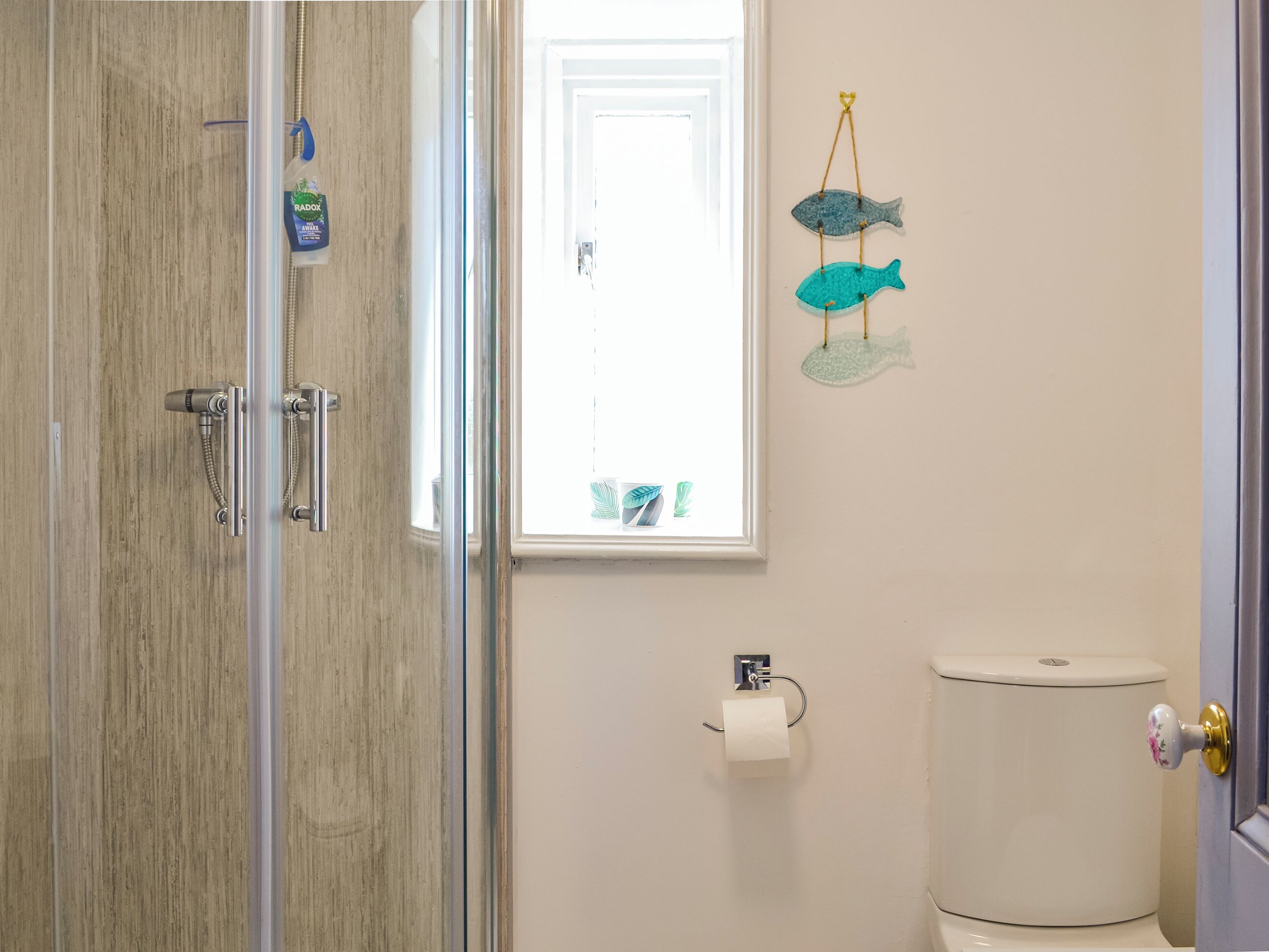 A bathroom with a glass shower door, a toilet, and a window with a view of the outside.