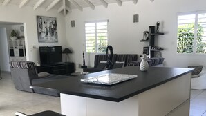 Une cuisine moderne avec un îlot central, des tabourets de bar, un canapé et un téléviseur.