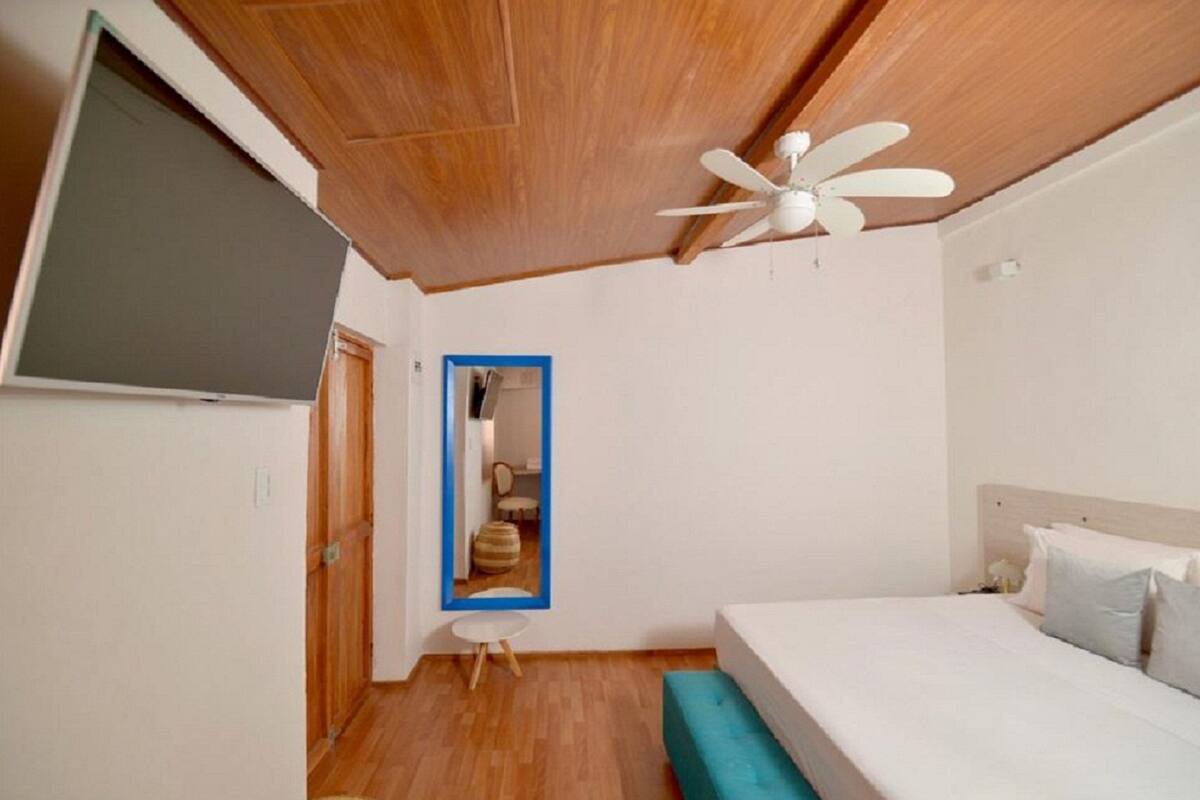 A bedroom with a bed, a ceiling fan, a mirror, and a wooden floor.