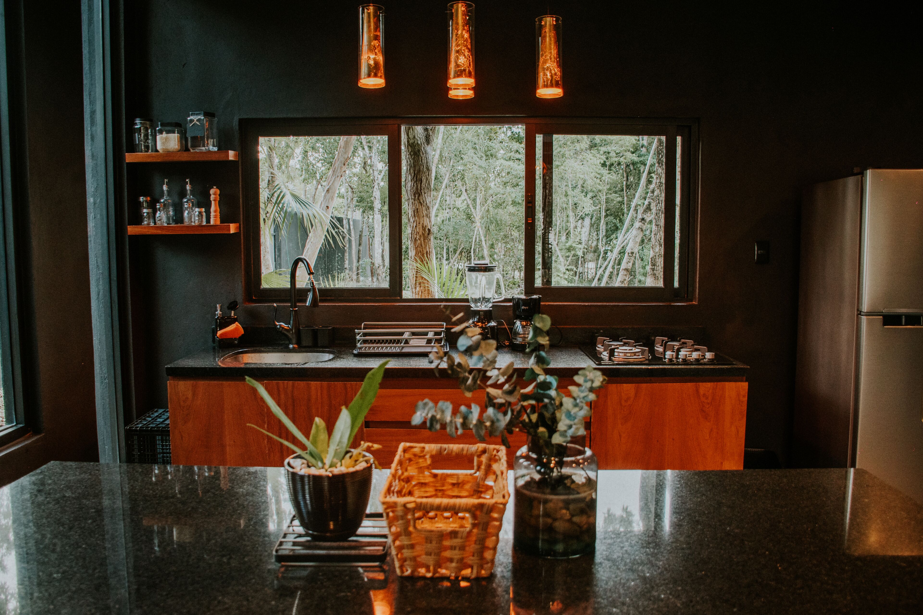 A modern kitchen with a large window, wooden shelves, and a central island with potted plants.