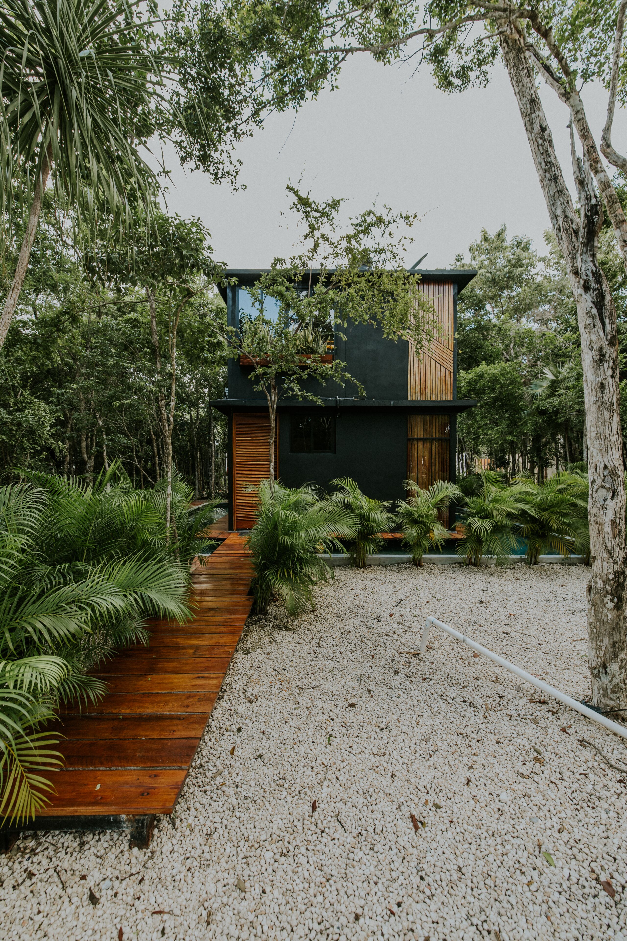 Uma casa moderna com deck de madeira, cercada por vegetação exuberante e árvores.