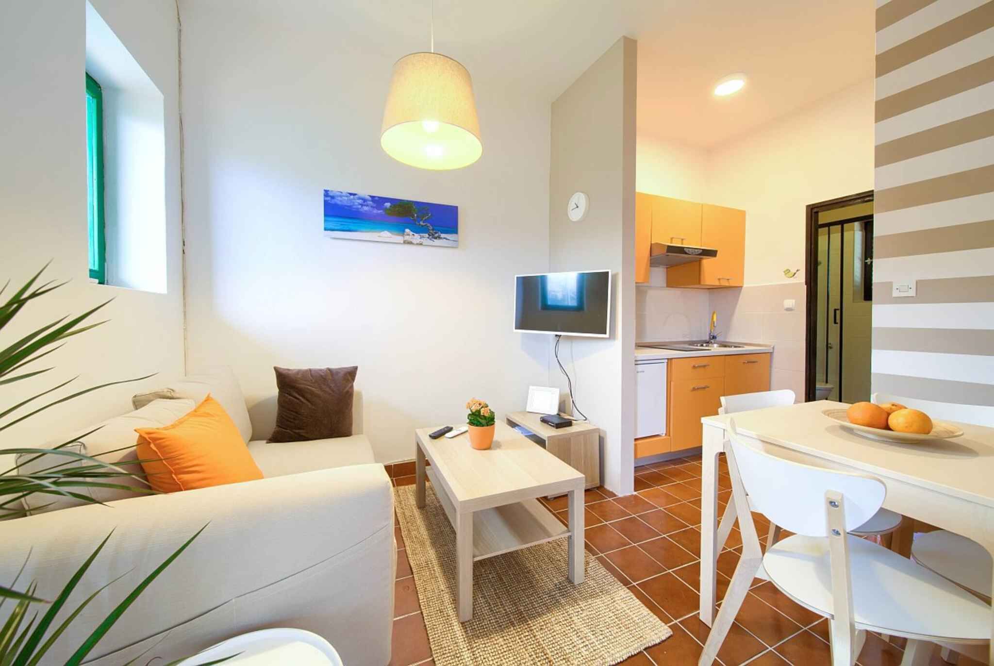 A compact living space with a sofa, a dining table, a TV, and a kitchen area.