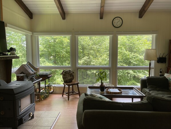 Una sala de estar acogedora con chimenea, ventanas amplias y vistas al paisaje verde exterior.