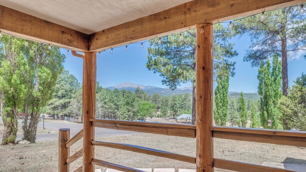 Una terraza de madera con vistas a un parque y montañas.