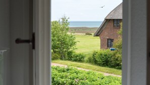 Blick durch eine Tür eines Hauses mit Ziegelaußenwand, einem Rasen und einem fliegenden Vogel am Himmel.