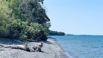 Plage à proximité, chaises longues, serviettes de plage
