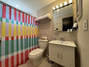 Douche, séchoir à cheveux, serviettes fournies, savon