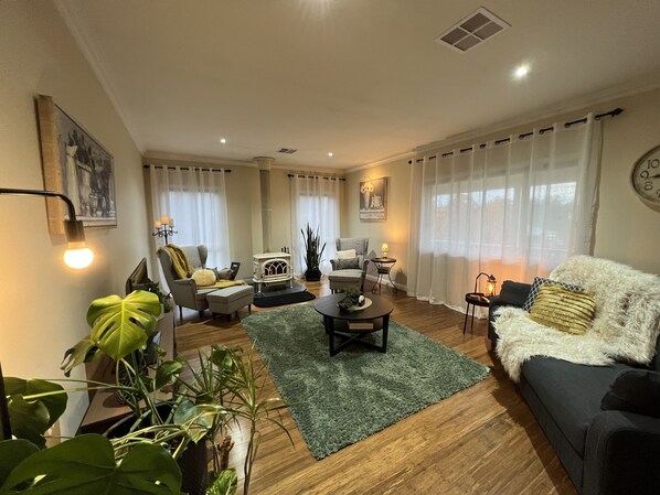 Smart TV, fireplace, books