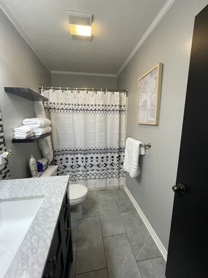 Combined shower/bathtub, towels, soap, toilet paper