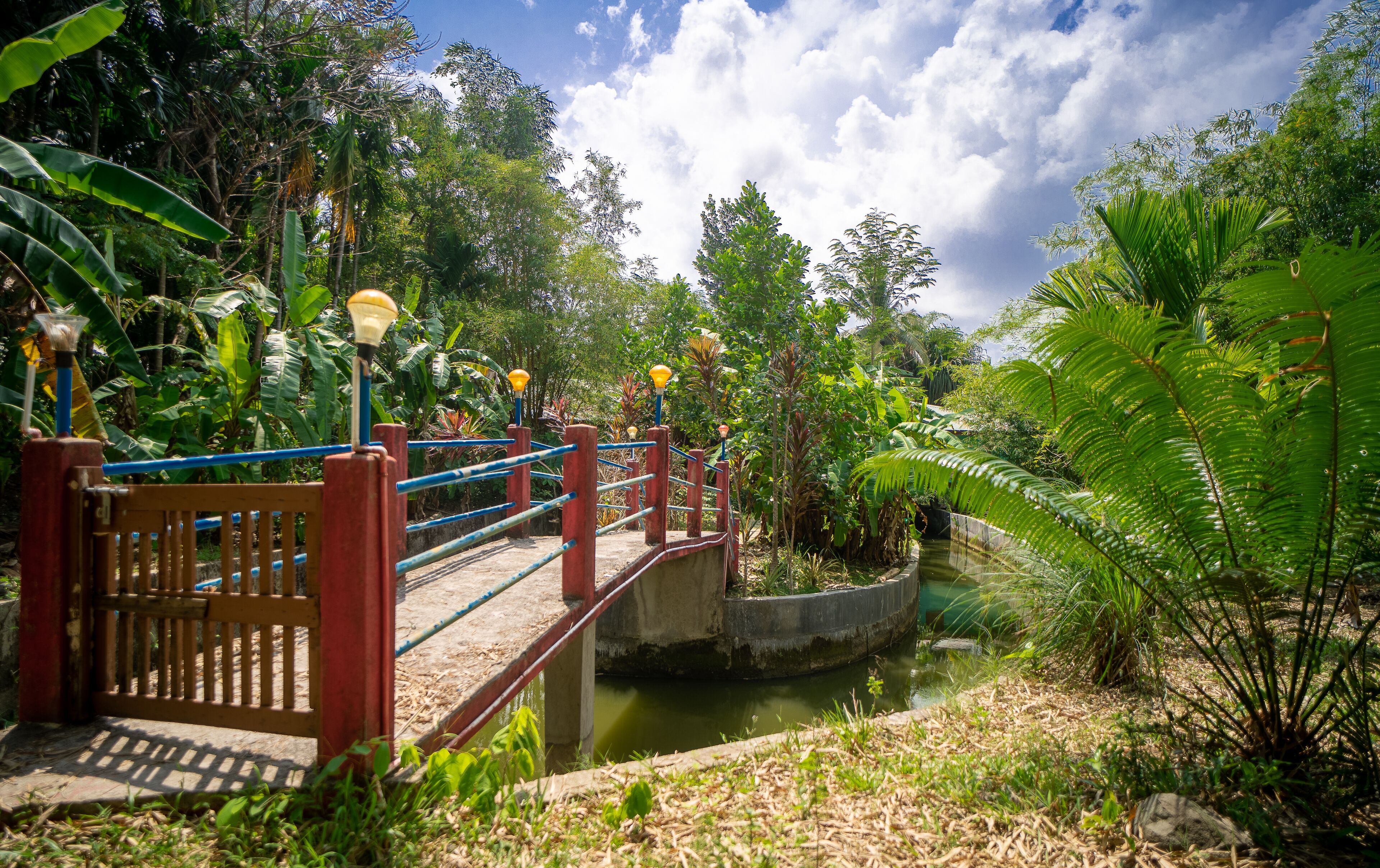 A wooden bridge with blue railings over a calm water body, surrounded by lush greenery and trees.