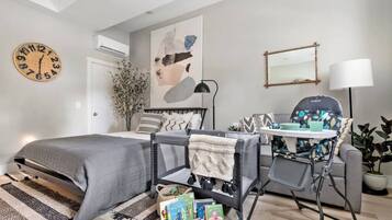 1 bedroom, desk, iron/ironing board, travel cot