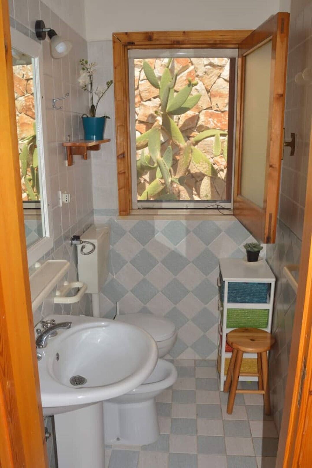 Un baño pequeño con lavamanos, inodoro y ventana con vista a un cactus.