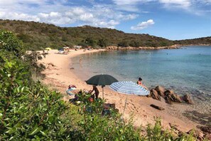 På stranden och solstolar