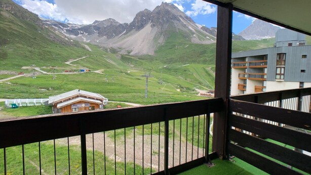 A balcony with a view of a mountainous landscape, a building with a sign reading "SKI", and a grassy area with a path.