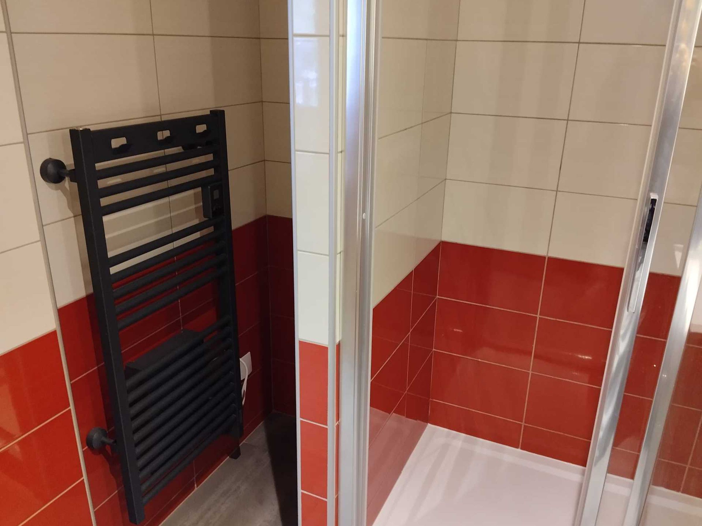 Une salle de bain avec un porte-serviettes noir, des murs carrelés en rouge et en blanc, et un espace douche.