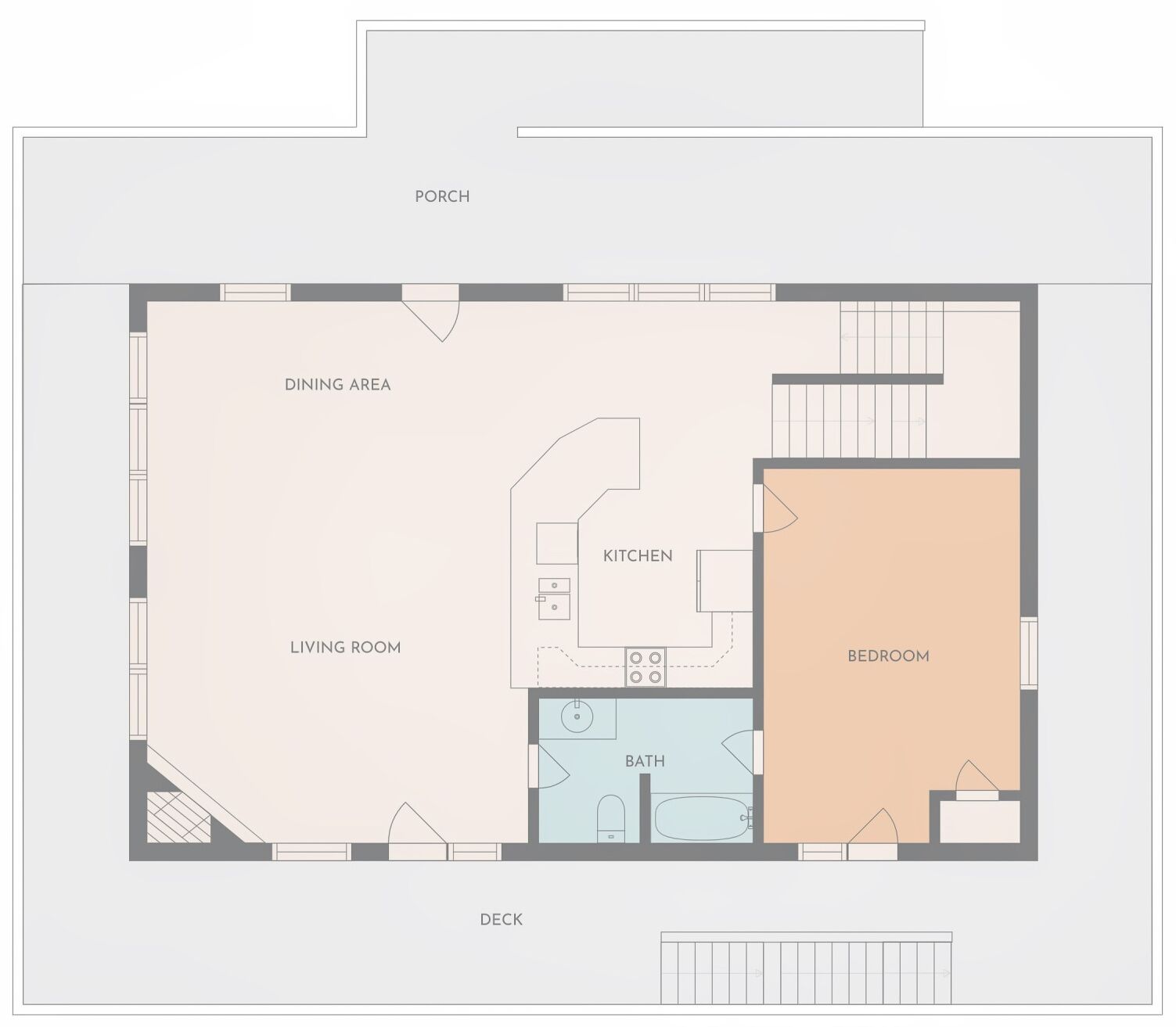 A floor plan with a dining area, kitchen, living room, bedroom, and deck.