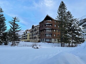 Un hotel a più piani con balconi, circondato da alberi innevati e uno sfondo montuoso.