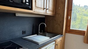 Une cuisine compacte avec des meubles en bois, un four à micro-ondes encastré, un évier et une fenêtre donnant sur un paysage verdoyant.