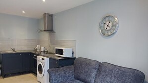 A compact kitchen with a washing machine, microwave, and a grey sofa. - 7 Eyre Square Lane (Galway)