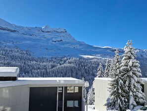Un paysage montagneux enneigé, avec un ciel dégagé. On y voit des bâtiments dotés de grandes fenêtres et, au premier plan, un arbre recouvert de neige.