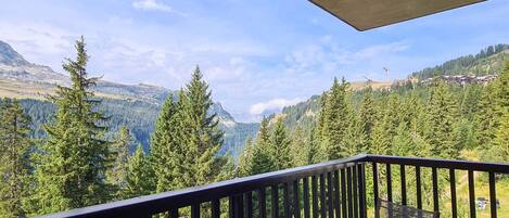 A balcony with a view of a mountainous landscape, including trees and a distant village.