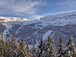 A snowy mountain landscape with dense forests and a clear sky.