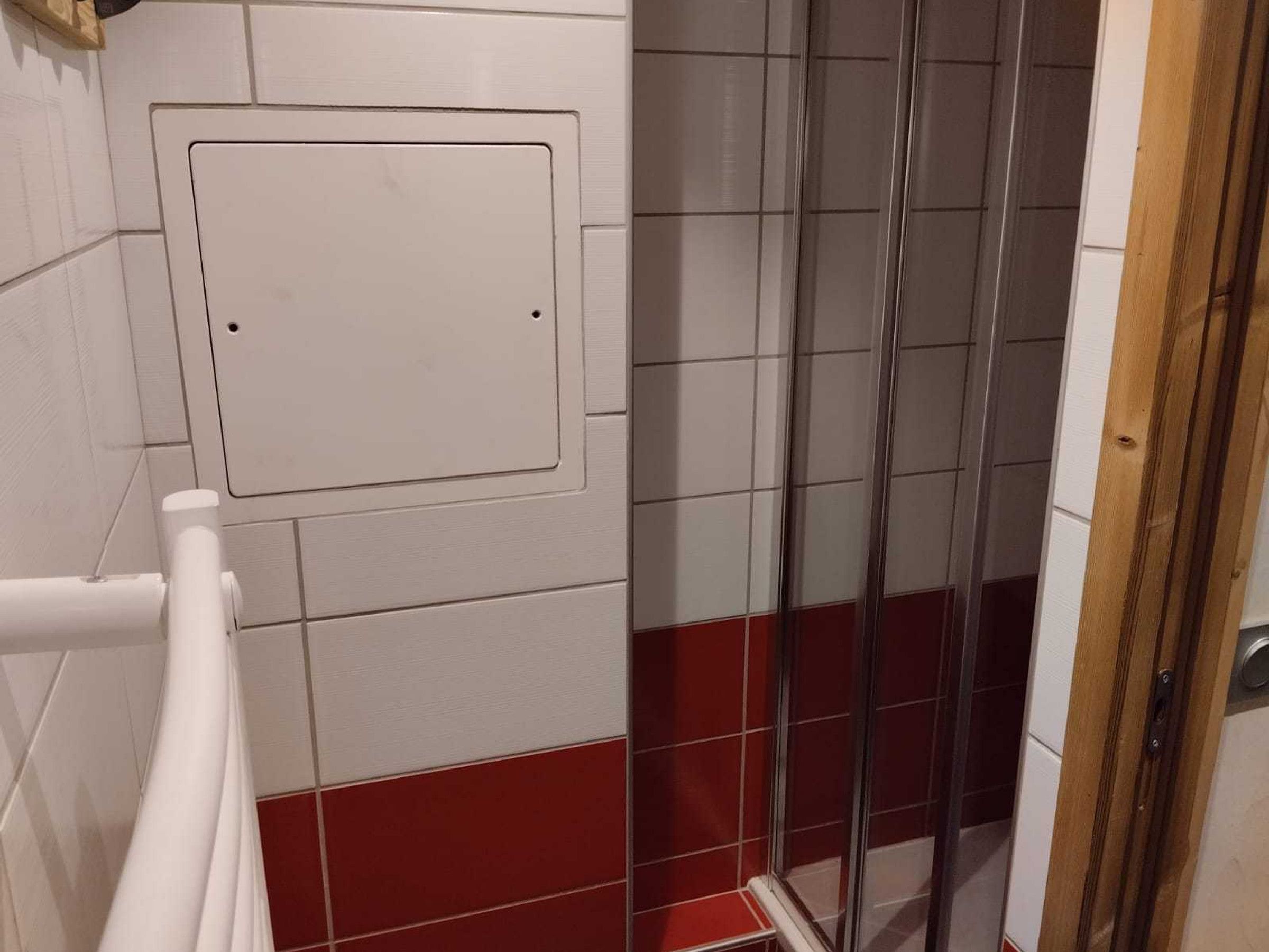 Un baño con zona de ducha, inodoro blanco y pared con azulejos rojos.