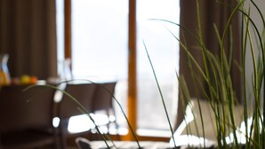 A room with a large window, a dining area with chairs, and a plant in the foreground. - Renovated apartment near slopes with Wifi and pets allowed (Briançon)