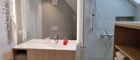 Combined shower/tub, hair dryer, towels