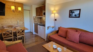A compact living space with a kitchenette, a dining area, and a sofa.