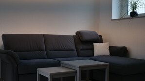 A modern living room with a dark grey sectional sofa, a small grey side table, and a potted plant on a windowsill. - Pfalzzeit - Der Wald (Weisenheim am Berg)