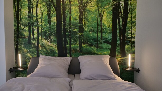 A bedroom with a bed, two bedside tables, and a forest-themed wall mural. - Pfalzzeit - Der Wald (Weisenheim am Berg)