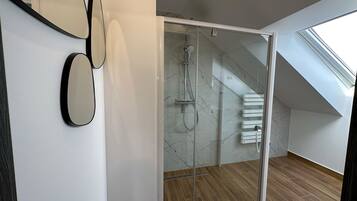 A modern bathroom with a glass shower enclosure, a wooden floor, and a skylight.