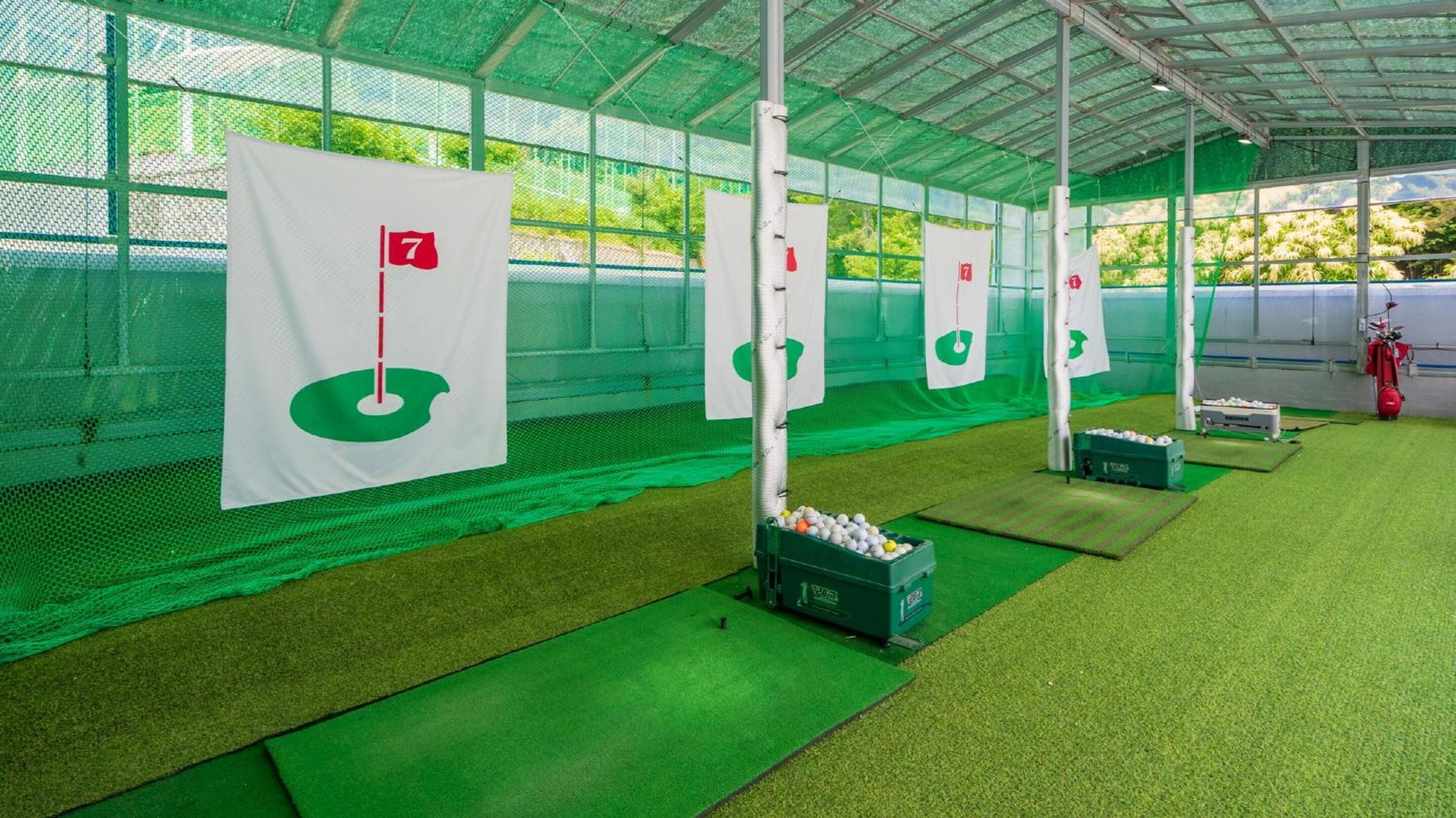 A driving range with multiple targets, green artificial turf, and a netted enclosure.